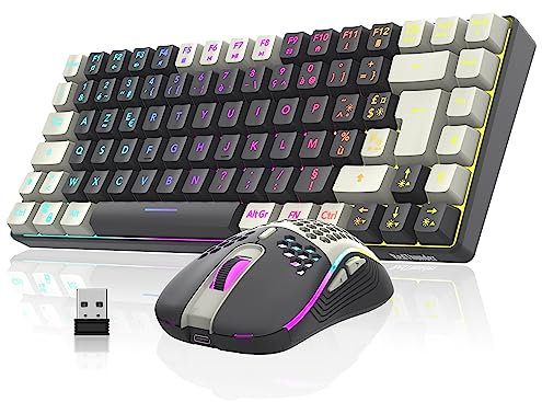 RedThunder K84 Combo Clavier et Souris Usb sans Fil Gamer, AZERTY Français, Batterie Rechargeable RVB Rétroéclairée, Clavier TKL à 75% et Souris Optique Légère en Nid d'abeille 3200 DPI (Blanc-Gris)