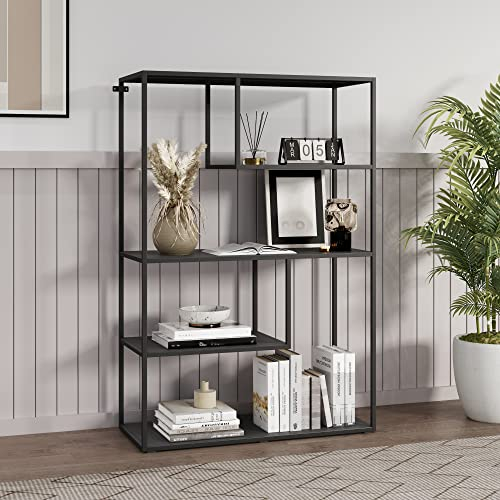 [en.casa] Bücherregal Sievi Standregal mit 4 Ablagen CD-Regal 126 x 85 x 35 cm Metallregal für Wohnzimmer Schlafzimmer Schwarz, matt