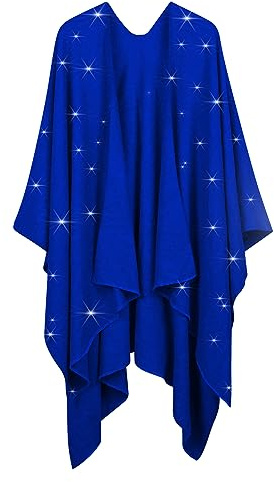 REEMONDE Womens Rhinestones Open Front Poncho Shawl Wrap Cape Ruana Travel Blanket Cardigan (Royal Blue)