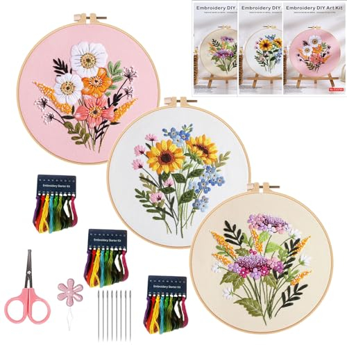 Fnjuucw Stickset für Anfänger, 3 Pack Kreuzstich Starter kit mit Anleitung 20cm Stickrahmen Erwachsene Anfänger Sticksets mit 3 Stickrahmen, Fäden und Nadeln (Blumenmuster)