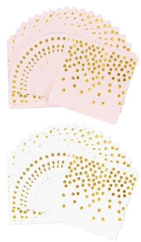 40 Stück weiße und goldene Servietten, Geburtstagsservietten, goldene Cocktailservietten, rosa Einweg-Partyzubehör für Party, Hochzeit, Erntedankfest, Weihnachten (33 x 33 cm)