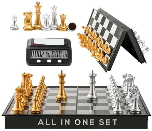 Magnetic Chess Game & Digital Clock Timer Set - Professional and Portable, 14 x 14 Travel Chess, Board Games