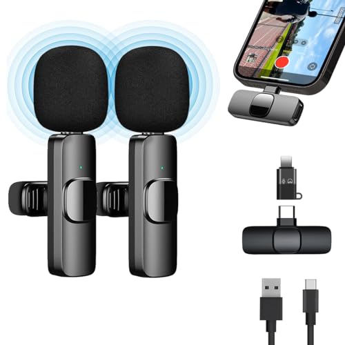 Microfono Inalambrico para iPhone, Android. 2 Microfonos inalambricos Profesionales de Solapa portátil, Lavalier, micrófono inalámbrico, Plug&Play, Grabación Video, Youtube, TikTok, Vlog, Podcast.