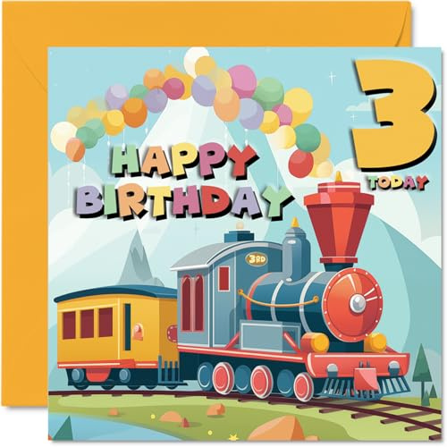 Carte d'anniversaire 3 ans pour garçons et filles – Train à vapeur – Carte d'anniversaire de 3 ans pour garçon et fille, cartes de troisième anniversaire pour lui, elle, 145 mm x 145 mm pour nièce,