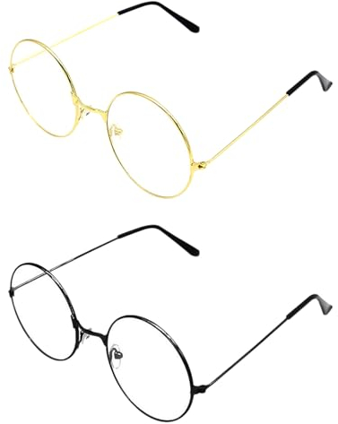 UILYNIU 2 Retro Metal Gafas Redondas Unisex, Lentes Transparentes, Estilo Retro, Negro y Oro