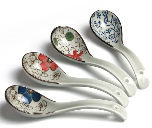 YFWOOD Ceramic Ramen Spoons, 6.3inch Asian Soup Spoons, Set of 4 | Retro Style Chinese Soup Spoons for Soup, Cereal, Ramen, Pho, Wonton, Dumpling, Miso