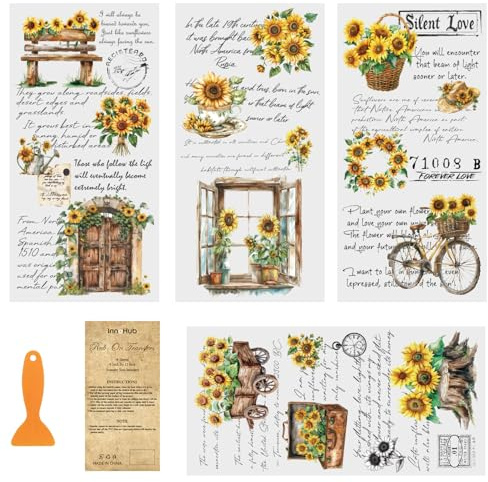 4 Sheets Rub On Transfers for Crafts, Sunflower Rub On Transfers for Furniture Transfers Stickers Rub On Home Decor, Craft Decals, Wood Furniture, Tiered Tray,6 x 12 Inches (Sunflower Story)