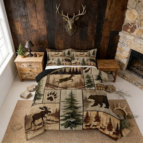 Feelyou Western Rustic Bear Deer Comforter Set Toddler Size, Country Farmhouse Duvet Insert, Rustic Cabin Bedding Set,Elk Forest Animal Wildlife Hunting Patchwork Lodge Quilt, 1 Pillow Shams