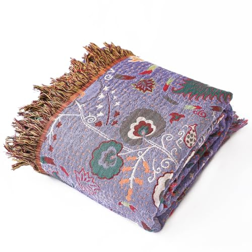 Wotcsil Cotton Bed Throw Blanket Double-sided Boho Throw Floral Leaf Patterned Sofa Throw Blanket Large Boho Bed Throw Bohemian Bedspread with Tassels for Sofa Bed Armchair, Purple, 150x200cm
