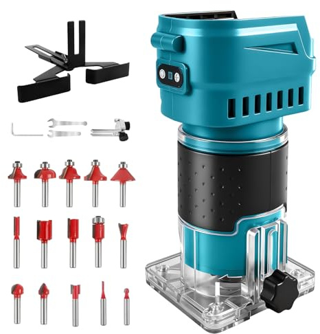 Trådlös överfräs kompatibel med Makita 18 V batteri, 850 W, 30 000 varv/min, borstlös träskärare med 6 hastigheter för träbearbetning med 15 stycken 1/4-tums fräs (utan batteri)