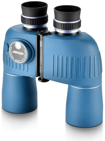 Aomekie Marine Binoculars for Adults High Power BAK4 Prism FMC Lens with Compass Illuminated Rangefinder for Outdoor Boating Hunting Bird Watching Waterproof (10X50 Blue)