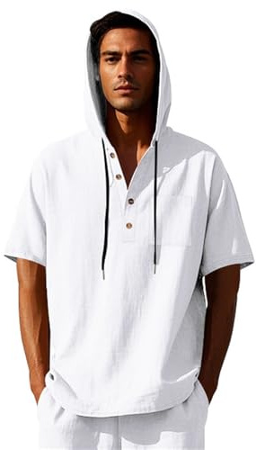 QXQLSH - Camisas de lino para hombre, de manga corta, con botones de un cuarto, informales, ligeras, para verano, playa, con capucha, transpirables, cómodas