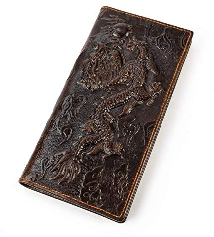 LUUFAN Mens Genuine Leather Travel Long Bifold Wallet with Chain Biker Wallet Vintage Chain Wallet with Zipper Pocket (Embossed Dragon)