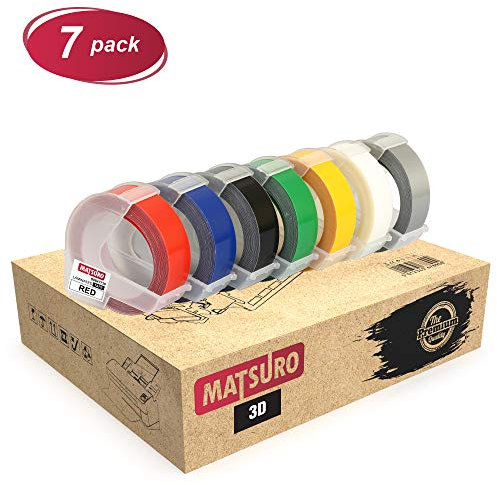 Matsuro Original | Kompatibel Etiketten 3D Prägeband Ersatz für DYMO Etikettenprägegerät, Weißer Druck auf Rot, Blau, Schwarz, Grünen, Gelb, Farblos, Silber (9 mm x 3 m | Kunststoff | 7-er PACK)