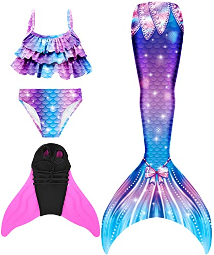 DNFUN Meerjungfrauenflosse Mädchen Cosplay Meerjungfrauenschwanz mit Bikini zum Schwimmen für Kinder mit Meerjungfrau Flosse und Mermaid Tail