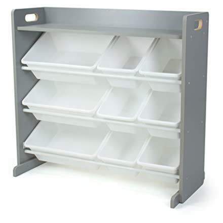 Humble Crew Large Wooden Toy Shelf Storage Organiser for Children & Toddlers with 9 BPA Free Plastic Removeable Storage Bins, Ideal for Storing Toys, Games, Books and Craft Supplies - Grey/White