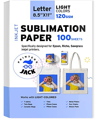 Printers Jack Sublimation Paper - 8.5 x 11 Inches, 100 Sheets 120gsm for Any Epson Sawgrass Inkjet Printer with Sublimation Ink, Heat Transfer Sublimation Paper for T-shirt, Mugs, Light Fabric