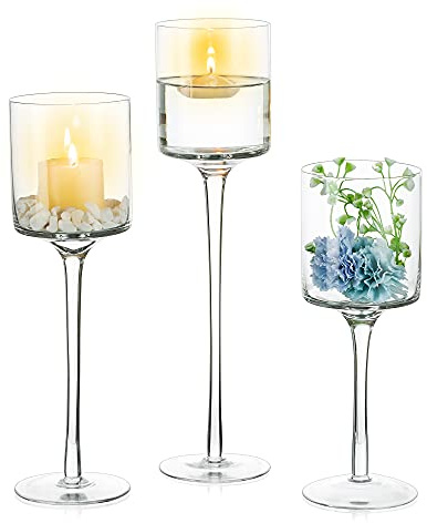 Nuptio 1 Juego Candelabros con Luz Té Candelabro Vidrio Alto para Velas Flotantes, Candelabros Vidrio para Velas Pilar, Candelabros Cristal para Centro Mesa, Fiesta Casa, Decoración Bodas