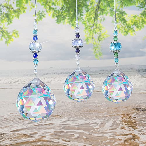 Cristal Decoration 3 pièces, Attrape-Soleil en Cristal, Verre Cristal Clair, Boule Prisme Cristal, Attrape-Soleil en Perles de Cristal de Couleur, 30 mm/30 mm/40 mm facettes Boule de Cristal