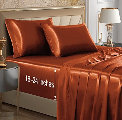 VACVELT 4 st extra djupa fickor satin lakan king size sängset, bränt orange satinlakan set passar 45–61 cm djup fickmadrass, silkeslent och lyxigt satinbäddset mjukt och ultratjupt anpassat lakanset