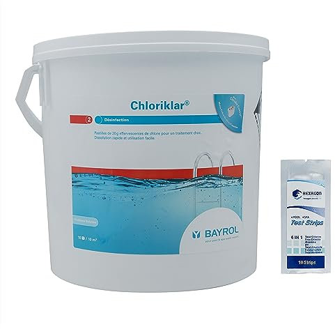 BAYROL CHLORIKLAR Pastilles 20g - 10kg | Chlore Choc Stabilisé - Désinfection Choc - Dissolution Rapide + 10 Tests HPS OFFERTS 6 en 1