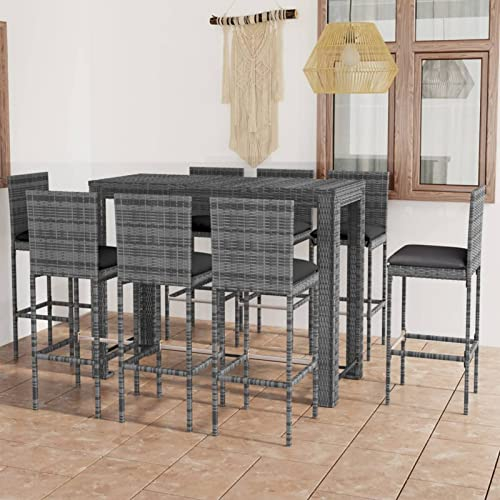 GuyAna 9-TLG. Garten-Bar-Set Stehtisch Outdoor Bartisch-Set Bar MöBel Bar Outdoor Theke Garten Theke Bar mit Anthrazit Kissen Rattan