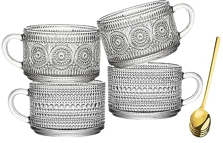 Hniuyun 4Pcs Vintage Coffee Mugs, 400Ml Glass Tea Cups with Spoons, Clear Embossed Glass Cups, Glass Coffee Cups for Cappuccino, Latte, Cereal, Yogurt, Milk, Christmas Thanksgiving Gifts