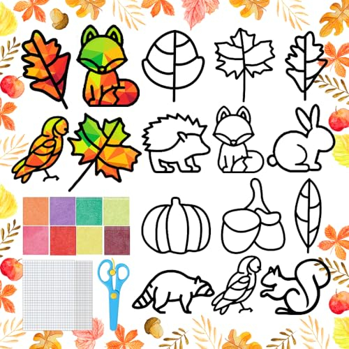 MEISHANG Herbst Basteln Kinder,Herbst Bastelset Kinder,12 Stück Herbstdeko Basteln Kinder,Bastelvorlagen Herbst,Fensterbilder Herbst Basteln,DIY Bastelset Blätter Deko Kinder Geschenk