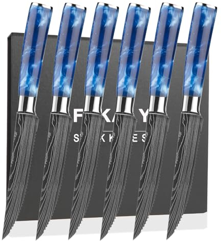 Fzkaly Steak Knives Set of 6, 5 Sharp Rust-Proof High Carbon Stainless Steel Serrated Blades, Ergonomic Full Tang Blue Resin Handle in Gift Box
