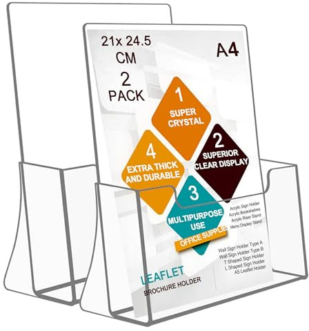 ROSSHINE A4 Leaflet Holder, Crystal Clear Acrylic Brochure Holder 2 Pack, Freestanding Menu Flyer Perspex Display Sands for Magazine Business Card Literature Pamphlet Booklets Menu