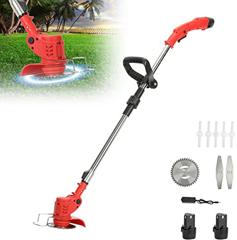 Cortasetos, cortadora de césped eléctrica, 12 V, 2.0 Ah, inalámbrica, con 2 baterías, cortacésped eléctrico de 450 W, cortadora telescópica de mano para jardín, césped rojo