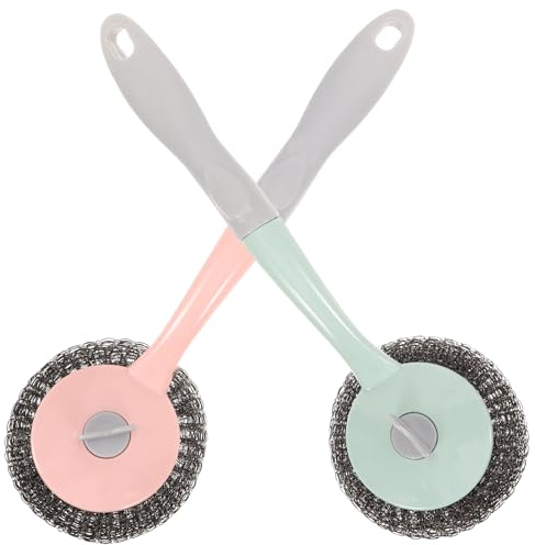 minkissy 2pcs Kitchen Cleaning Brush Long Handle Steel Wire Brush Dish Scrubber Bbq Wire Pot Pan Dish Cleaning Tool