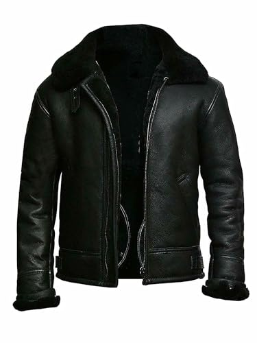 Shopoyn Mens Sheepskin Shearling B3 Bomber Leather Jacket Black Aviator Coat WW2 (UK, Alpha, L, Regular, Regular, Black)