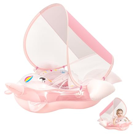 Flotador Bebe con Sombrilla, Unicornio Flotador para bebés 3-12 Meses una Bomba Protección UPF 50+, Extraíble, Doble Airbag, Boias para Bebe Rosa Flotador Inflable natación Bebe para Bebe Niña Niño