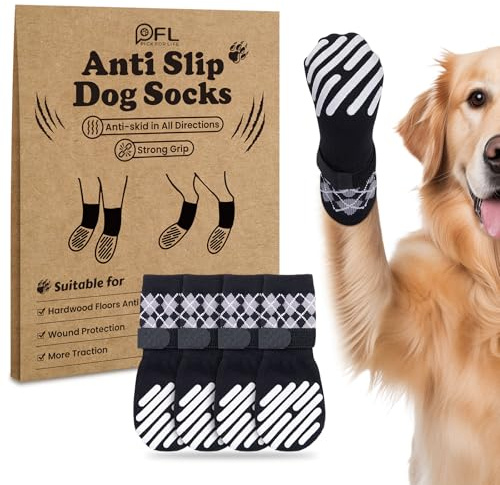 PICK FOR LIFE 2 Pairs Anti Slip Christmas Dog Socks Paws Stop Licking Paw Protectors Winter Warm Dog Slippers Boots Shoes for Puppy Hardwood Floors Indoor Walking (Black,L)