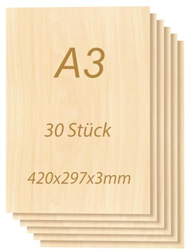 Tocome 30 Stück A3 Linde Sperrholz 420x297x3mm Laserfähig Linden Sperrholz Platten Laser Holz 3mm Plywood Lindensperrholz