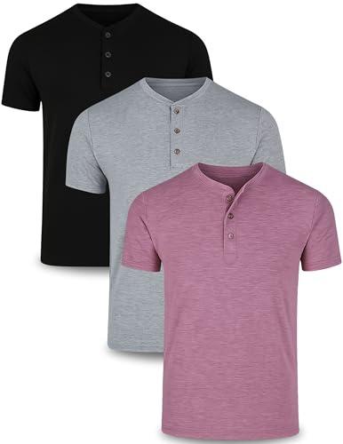 3 Pack: Casual Short Sleeve Henley Shirts for Men, Relaxed Fit Summer T Shirts Basic Tees Athleisure Wear (Set 3, Large)