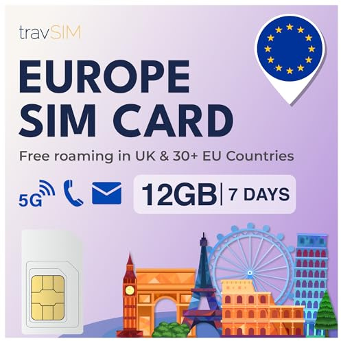 travSIM Simkort Europa | 12 GB data på 4G/5G-hastigheter | Endast data SIM | Använd SIM-kort för Europa Res i 27 länder i EU | Plan på SIM-kort för Europa Giltig i 7 dagar