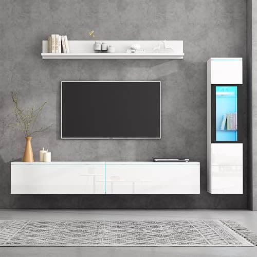 Juego de 3 muebles de salón para TV, iluminación LED, color blanco brillante, mueble de salón, pared frontal, 1 armario para TV, 1 vitrina para salón, 1 estante colgante