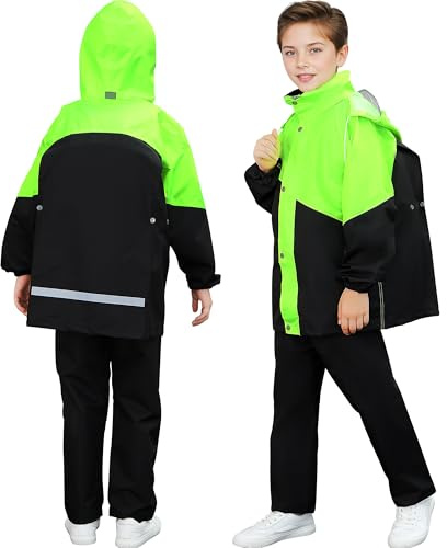 Baogaier Enfants Imperméable à Capuche, Unisexe Fille Garçon Léger Manteau Veste de Pluie et Pantalon Combinaison avec Bandes Réfléchissante, pour Sport Randonnée Voyage 9-10 Ans, Vert Noir