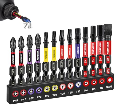 GEINXURN 13tlg. Schrauber Bit Set 50mm Lange (Kreuzschlitz/Pozidriv/Torx/Hex/Schlitz), PH2 PZ2 T20 Schlagfester Schrauberbitsatz Magnetische 1/4 zoll Sechskantschaft S2 Legierter Stahl, Ultra Farbcode