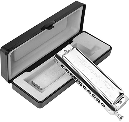 Chromatic Harmonica Professional Grade 10 Hole 40 Tone Key of C Stainless Steel Heavy Duty with Case & Cleaning Cloth for Professional Player,Band,Beginner