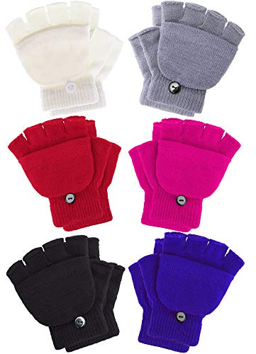 Boao 6 Pairs Kids Winter Convertible Fingerless Gloves Knitted Mitten Warm Gloves with Cover for Kids and Teens(4-11 Years)