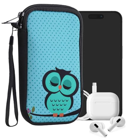 kwmobile Housse de Protection pour Smartphone L - 6,5 - Sacoche de Protection pour Téléphone Portable en Néoprène Chouette endormie Turquoise-Marron-Menthe glaciale