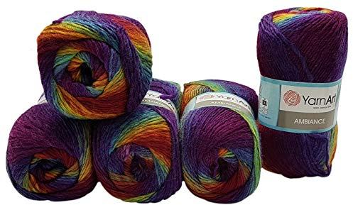 Ilkadim 5 x 100 g YarnArt Ambiance Strickwolle Mehrfarbig mit Farbverlauf, 500 Gramm Strickgarn mit 20% Wolle-Anteil (lila terrakotta grün Ocker 154)