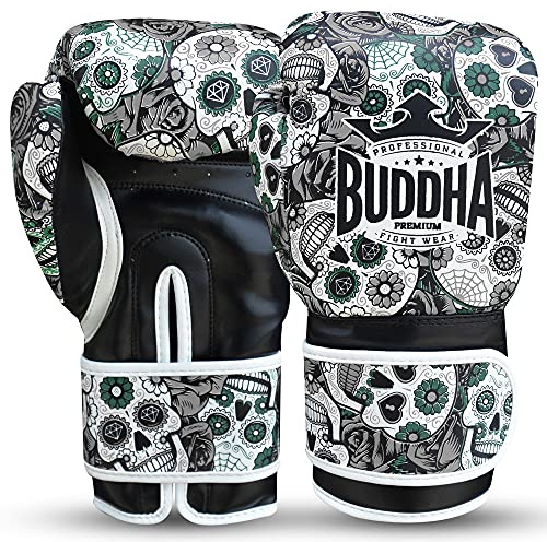 BUDDHA FIGHT WEAR - Fantasy mexikanska boxningshandskar svarta, Muay Thai - Kick Boxning, PU-läder, luktbeständigt innertyg, förstärkt sömnad (svart, 30 ml)
