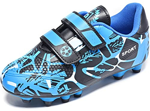 Mitudidi Kids Football Boots Boys Girls FG/AG Soccer Athletics Running Sport Training Shoes Profession Competition Teenager Indoor Outdoor Cleats Sneakers for Unisex Black Blue 2 UK