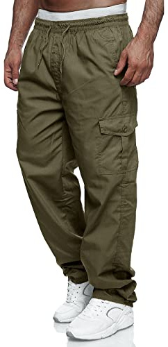 VANVENE Mens Cargo Work Trousers Lightweight Cotton Casual Jogger Elastic Waist Drawstring Outdoor Pants with Pockets Green