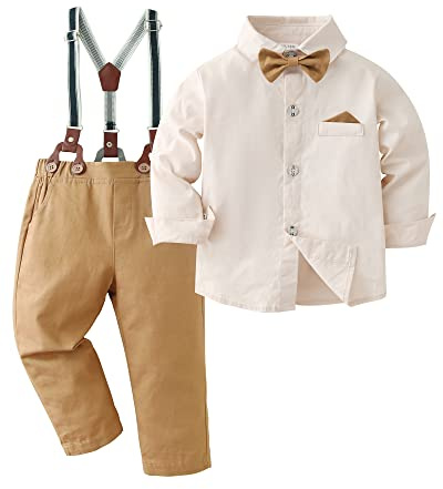 Amissz Traje de Conjuntos para Bebé Niño, Niño Conjunto Ropa Camisa con Pajarita + Pantalón Para Bautizo Boda Albaricoque, 4-5 años