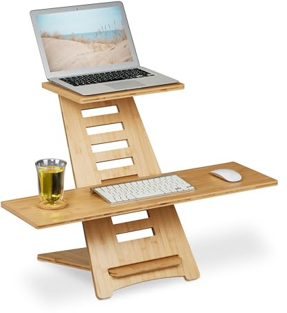 Relaxdays Supporto Pc per la Scrivania, Ausilio per Lavorare in Piedi, Leggio Laptop, 2 Ripiani, Regolabile, Naturale